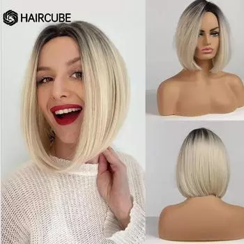 HAIRCUBE Коричневые Светло-русые волосы с эффектом омбре, короткие прямые синтетические парики боб, боковая часть для женщин, термостойкие парики для косплея