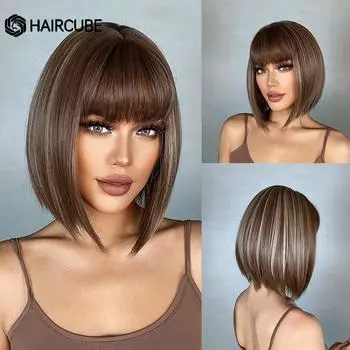 HAIRCUBE Коричневые Выделенные Синтетические Парики Натуральные Волосы С Челкой Парики для Чернокожих Женщин Лолита Косплей Термостойкие Волокна Парики