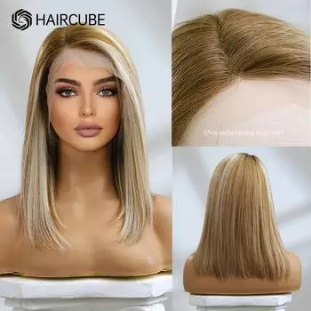 HAIRCUBE Коричневый парик из натуральных волос, прямой боб, кружевные фронтальные парики для женщин, 14 дюймов, блондинка, Remy, человеческие волосы, боковая часть, кружевная часть, парик
