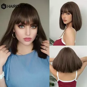 HAIRCUBE Короткий коричневый синтетический натуральный парик для женщин, прямые волосы до плеч, каштановые волосы с челкой, термостойкие, повседневный косплей
