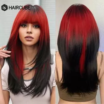 HAIRCUBE Ombre черные синтетические парики с красной челкой, длинный прямой многослойный парик для женщин, термостойкий парик для косплея на Хэллоуин