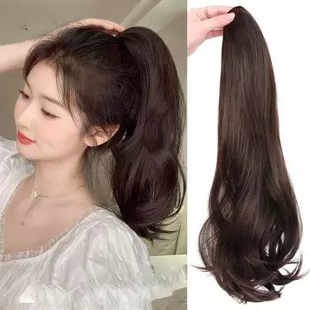 HAIRCUBE парик с хвостиком, кудрявый длинный парик с хвостиком, вьющиеся волосы, 50 см, легкое наращивание, парик с хвостиком, длинный, натуральный коричневый, на клипсах (Темный #)