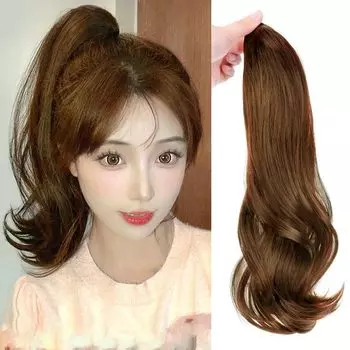 HAIRCUBE Парик с хвостиком, кудрявый длинный парик с хвостиком, вьющиеся волосы, 40 см, легкое наращивание, парик с хвостиком, длинный натуральный, на заколках (Светло-коричневый) светло-коричневого