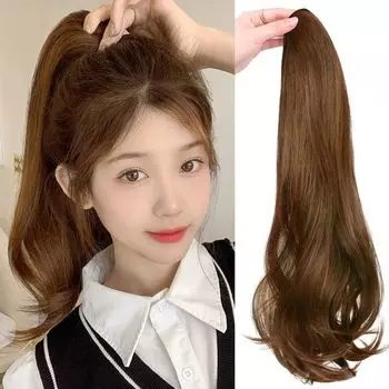 HAIRCUBE парик с хвостиком, кудрявый длинный парик с хвостиком, вьющиеся волосы, 50 см, легкое наращивание, парик с хвостиком, длинный, натуральный коричневый, на клипсах (Свет #)