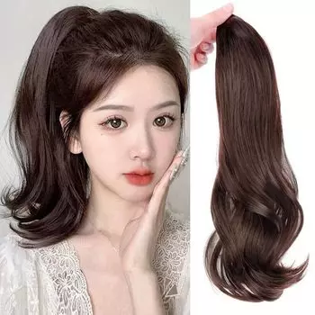 HAIRCUBE Парик с хвостиком, кудрявый длинный парик с хвостиком, вьющиеся волосы, 40 см, легкое наращивание, парик с хвостиком, длинный натуральный, на заколках (Темно коричневый)
