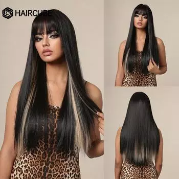 HAIRCUBE Синтетические парики для женщин Длинные прямые черные блондинки Выделенные парики с челкой Косплэй вечерние термостойкие искусственные волосы