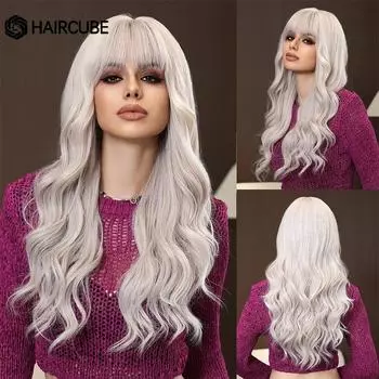 HAIRCUBE женские длинные белые светлые волнистые парики с челкой, синтетические вьющиеся парики, термостойкие парики для рождественской вечеринки