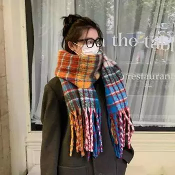 Hairy Rainbow Grid Scarf For Women In Winter Thick Knitted Neck Long Shawl красный