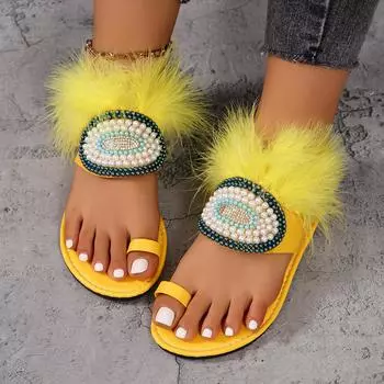Hairy Set Toe Slippers Female Summer Outside Wear 2024 Open Toe Pearl Decoration Leisure Flat Bottom Beach Sandals Slides Women 36 чёрный