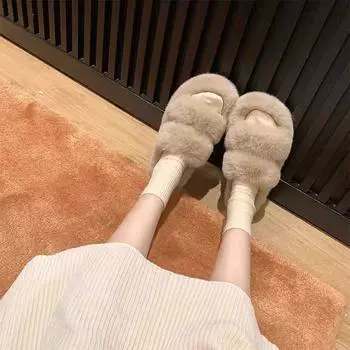 Hairy shoes slippers women wear 2024 new spring and autumn winter Internet celebrity plush hairy drag thick-soled one-word cotton slippers 35 чёрный
