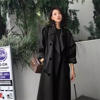 Хаки черный модный женский тренчкот с лацканами, двубортное повседневное пальто, осенне-зимняя верхняя одежда, ветровка XL чёрный