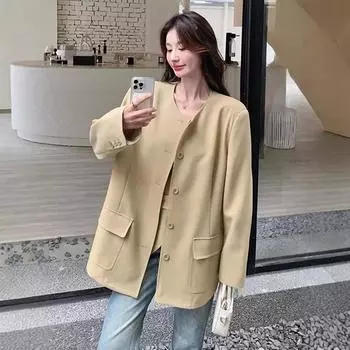 Хаки Дизайн Ниша Нестандартное Пальто Женское Осеннее Новое Элегантное Темпераментное Универсальное Пальто Верх S