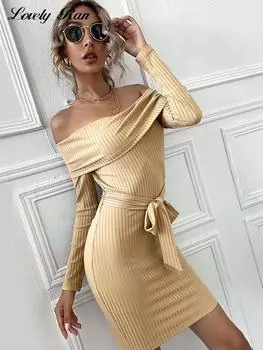Хаки Вязаное платье с длинным рукавом Женское платье с открытыми плечами и бедрами Пакеты Женские платья миди на шнуровке Леди Vestidos XS хаки