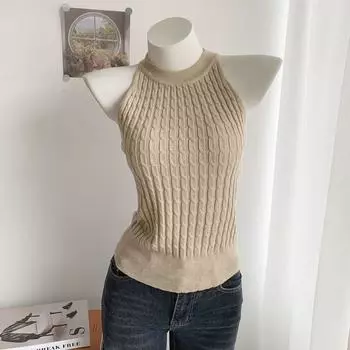 Хаки Вязаный Безрукавный Топ с Лямкой на Шее Женский Летний Модный Безрукавный Топ one size хаки