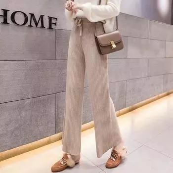 Хаки вязаные широкие брюки для ног для женщин осень эластичная высокая талия провисание свободные прямые твердые полные рукава повседневные брюки женские