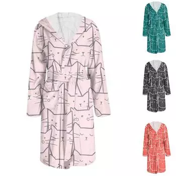 Халат для мужчин и женщин, фланелевый халат с принтом, впитывающая быстросохнущая хлопковая ночная рубашка L чёрный