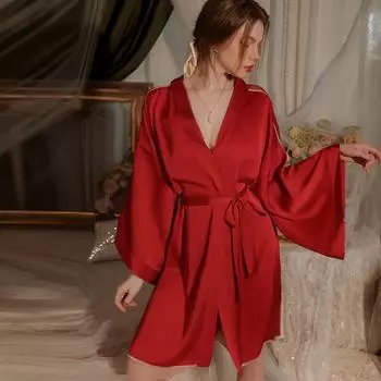 Халат для женщин осенний атласный сексуальный с V-образным вырезом и высоким разрезом на шнуровке сексуальная пижама женский халат повседневная женская домашняя одежда Free Size