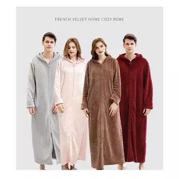 Халат на молнии с капюшоном, ночная рубашка, толстая пижама для пар, фланелевая женская длинная ночная рубашка, ночная рубашка, домашняя одежда M(40-60kg)