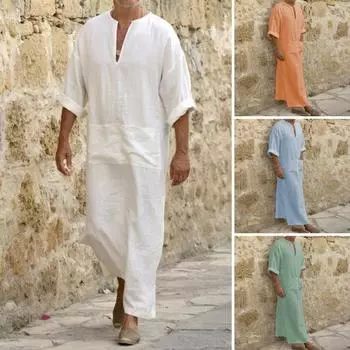Халат-рубашка, уютное мужское длинное платье до щиколотки с v-образным вырезом, весна-лето, длинный халат-рубашка, мешковатое платье, мужская одежда 3XL белый