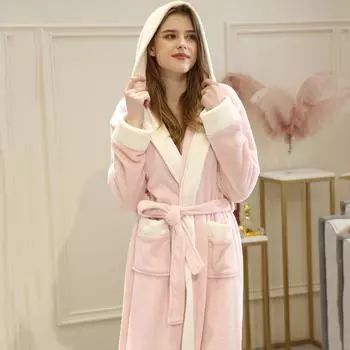 Халат с капюшоном Женское теплое фланелевое кимоно Интимное белье Осень-зима Теплая домашняя одежда Душевые халаты Одежда для отдыха M розовый