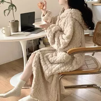 Халат с карманами для женщин, ночная рубашка, зимняя ночная рубашка, ночная рубашка, теплая флисовая пижама, ночная рубашка с капюшоном, домашняя одежда для сна S бежевый