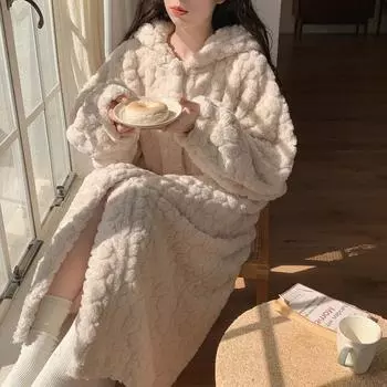 Халат с карманами для женщин, одежда для сна, зимняя ночная рубашка, ночная рубашка, теплая флисовая пижама, цельная ночная рубашка с капюшоном, домашняя одежда для сна M бежевый