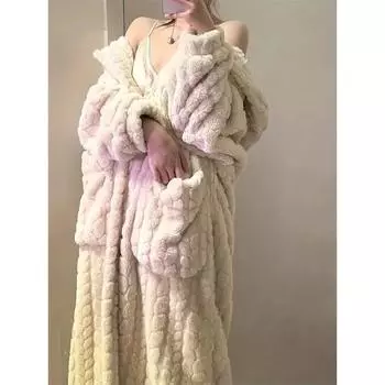 Халат с карманами для женщин, одежда для сна, зимняя ночная рубашка, ночная рубашка, теплая флисовая пижама, цельная ночная рубашка с капюшоном, домашняя одежда для сна M бежевый