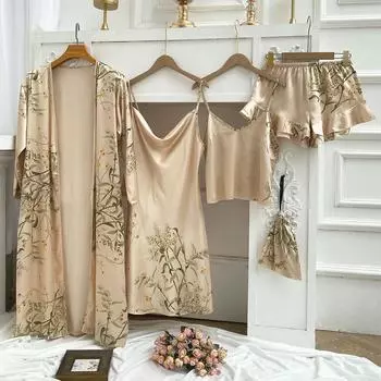 Халат с принтом 4 шт., костюм для сна, женский свадебный кимоно, халат, нижнее белье, атласная одежда для сна с v-образным вырезом XS чёрный