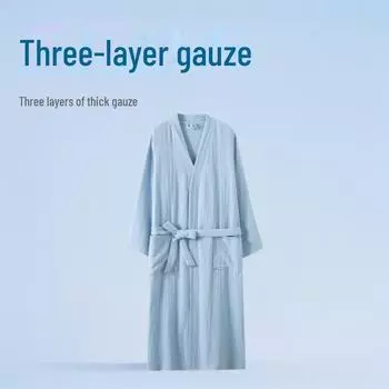 Халат унисекс из трехслойной марли: Впитывает воду, приятен на ощупь, с зеленым воротником-кимоно для комфорта в любое время года. L