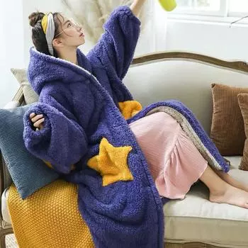 Халаты женские фланелевые высокого качества толстые мягкие теплые со звездами с капюшоном и открытыми пуговицами повседневные свободные пары шикарный коралловый бархат L синий