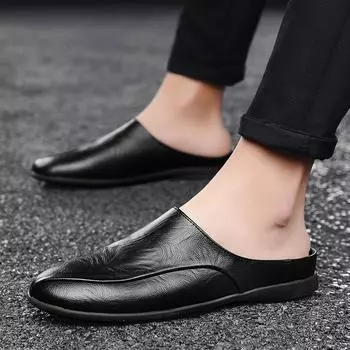 Half-care leather shoes 2025 summer Doudou shoes men s youth casual black leather shoes men s Korean version of leather driving lazy tide shoes 38 чёрный