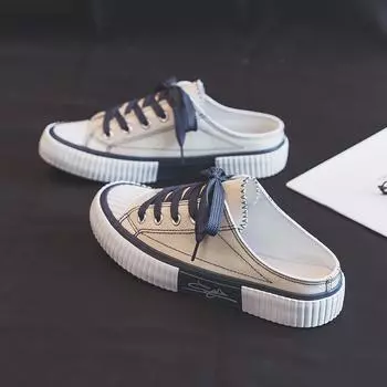 Полуторослойные парусиновые туфли женские новые студенческие универсальные ленивые туфли с одной педалью без каблука маленькие белые туфли туфли-печенье Tide 35 бежевый
