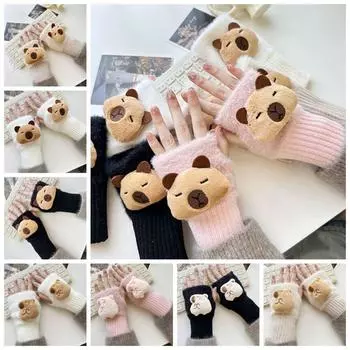 Half Finger Capybara Knitted Gloves Winter Velvet Gloves Kawaii Plush Gloves Ladies Style A-Black