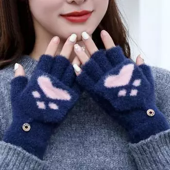 Half-finger Gloves, Autumn and Winter Flip Cover, Fashionable New Style, Warm and Thickened Student Style Winter Imitation Mink Velvet Gloves One Size
