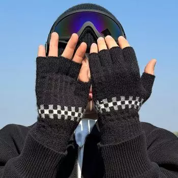 Half Finger Gloves Male Student Writing Knitting Wool Cold-Proof Heattech Leakage Finger Fingerless Half Driving and Biking Winter Black-Three Lines Half Finger All yards