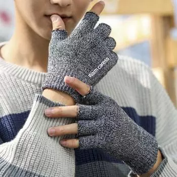 Half Finger Gloves Men Autumn and Winter Exposed Two Finger Thickened Heattech Touch Screen Fleece-lined Wool Cold-Proof Outdoor Cycling Knitting Upgrade-Half Black and White All yards