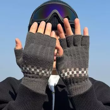 Half Finger Gloves Men s Open Finger Winter Half Finger Cycling and Driving Thickened Wool Knitting Leakage Finger Cold-Proof Heattech Dark gray-three lines half finger One size