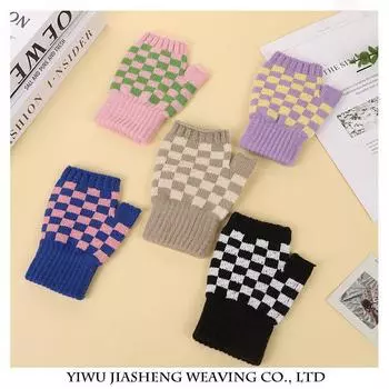 Half-finger Gloves New Style Women s Autumn and Winter Korean Style Checkerboard Contrasting Color Warm and Cold-proof Writing Knitted Gloves One Size