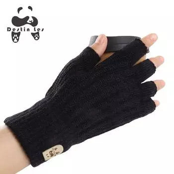 Half Finger Gloves Winter Heattech Thickened Cashmere Wool Open Finger Student Writing Office Typing Cold-Proof Men and Women K-style Black All yards