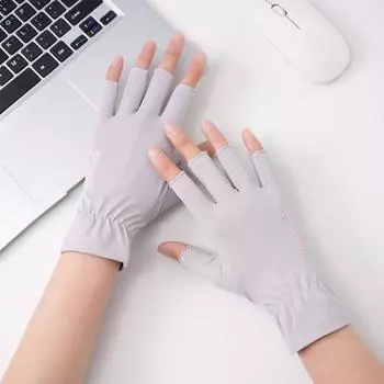 Half Finger Gloves Women Summer Sun Protection Thin Ice Silk Nail Beauty UV Protection Black Driving Non-Slip Riding Breathable Elastic Printed half finger-Gray One size
