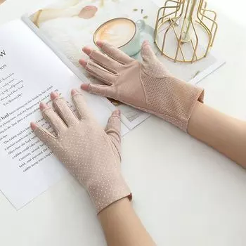Half Finger Spring Driving Sun Protection Gloves for Women Thin Short Non Slip Cotton Dew Five Finger Missing Finger Half Finger Cycling Summer Khaki One size
