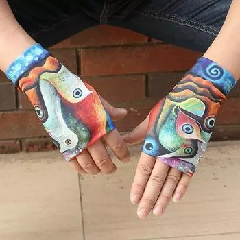 Half Finger Sun Protection Gloves Men s Summer Thin Female Scar Covering Tattoo Student Driving Touch Screen Cycling Windproof Breathable Short Oil painting One size