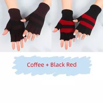 Half Finger Wool Gloves Exposed Finger Winter Warm Work Half Finger Gloves Women Windproof Elastic Half Fingerless Knitted Coffee + Black Red [2 Pair]] One size