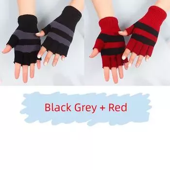 Half Finger Wool Gloves Exposed Finger Winter Warm Work Half Finger Gloves Women Windproof Elastic Half Fingerless Knitted Black Grey + Red [2 pairs]] All yards