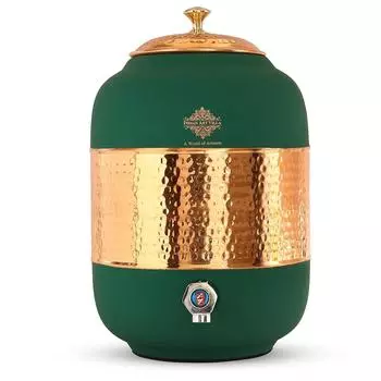 Half Hammered with Silk Finish Copper Water Pot in Green Color, Volume - 8 LTR.