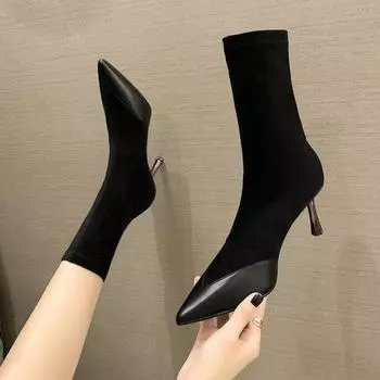 Half High Boots for Women Elegant Heeled Heels Black Mid Calf Sock Shoes Woman Elastic Goth Cosplay Waterproof Demi-season Chic 35