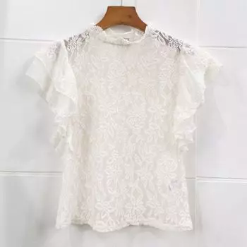 Half-High Collar French Single Layer Sexy Hollow Lace Shirt Beige XS