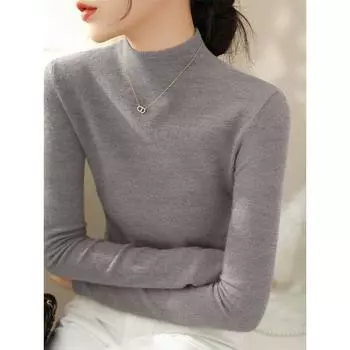Half-high Collar Slim fit Long sleeve Inner wear Base Top 2025 Spring New Versitile Fashion Fleece Knit Women Melange gray 3XL([Recommended 70.00 kg-75.00 kg]])
