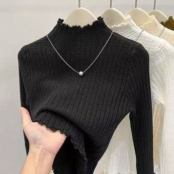 Half-high Collar Wooden Ear Knitted Shirt Autumn and Winter Pure Color Purlin Sweater Slimbase Inner Top S