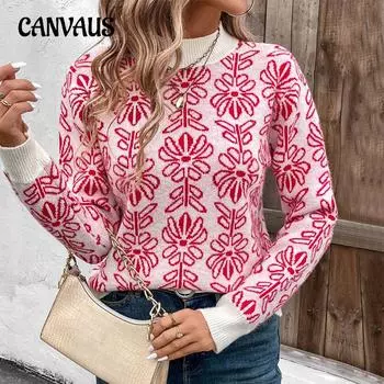 Полувысокий ворот вязаный осенне-зимний цветочный жаккардовый розовый свитер S красный